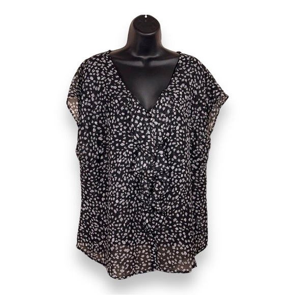2X RELATIVITY BLACK WHITE DOT PRINT BLOUSE SEMI SHEER RUFFLE PLUS VNECK - Picture 1 of 12
